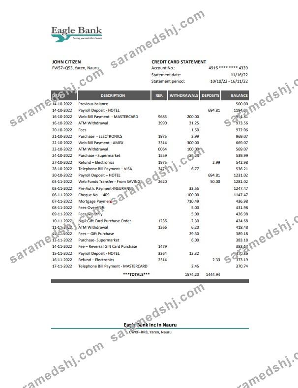 Nauru Eagle bank statement Excel and PDF template